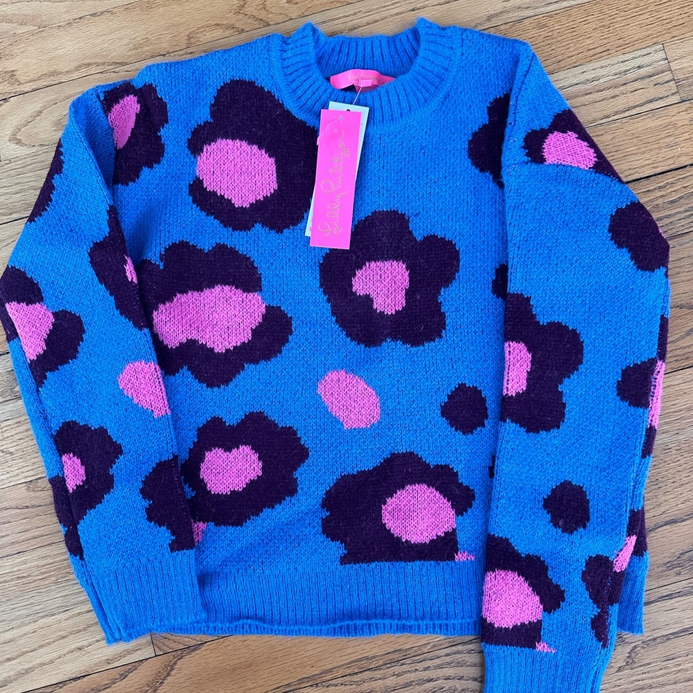 Lilly Pulitzer Blue Sweater with Pink and Purple Floral Design